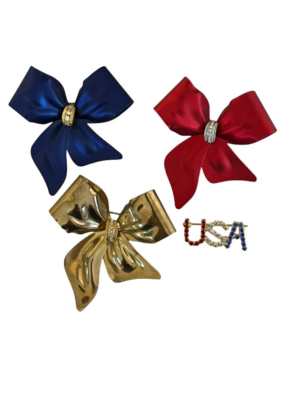 Vintage Patriotic Bow Brooch Lot USA Rhinestone Pin Red White Blue Statement